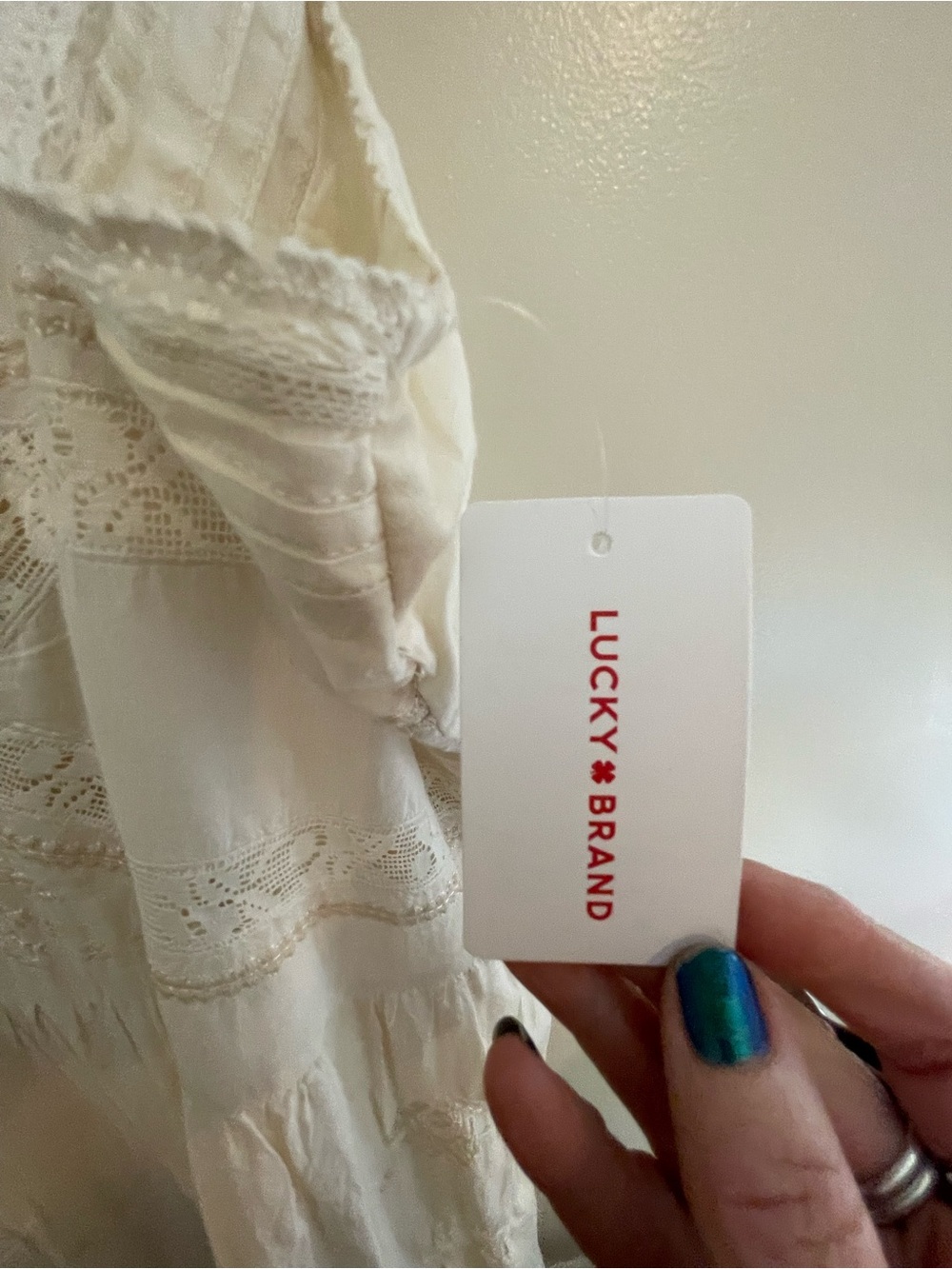 Lucky Brand Cream Boho Embroidered Solid Cotton Maxi Dress- Gorgeous Details! - Picture 8 of 11